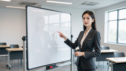 教育培训机构教室场景,现代化教学设施,讲师正在使用电子白板授课,学员专注听讲
