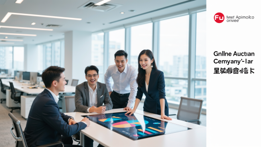 金融公司会议室场景,三名商务人士围坐在会议桌前讨论,桌上摆放笔记本电脑和平板电脑,背景有公司标识