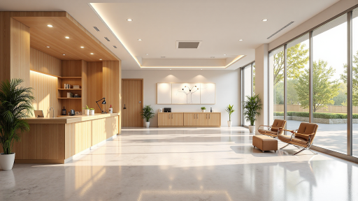 医疗健康机构接待大厅,现代化装修风格,前台工作人员正在接待患者,环境整洁舒适