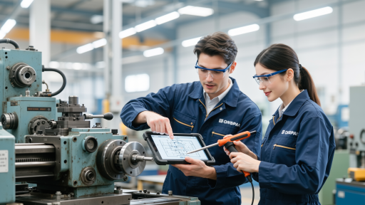 制造业工厂车间场景,现代化生产线设备,两名工程师正在检查机器运行状态,背景有工业标识牌