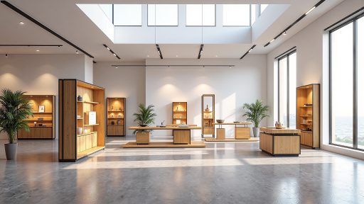 零售连锁店内部场景,现代化店铺设计,货架整齐陈列商品,顾客正在选购,灯光温馨