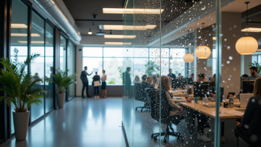 科技公司办公室内部,现代化办公环境,玻璃隔断会议室,员工正在使用笔记本电脑工作,光线明亮